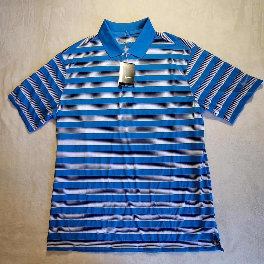 NWT Nike Golf Polo Shirt Mens L Blue Striped Dri-FIT Standard Fit Short‎ Sleeve